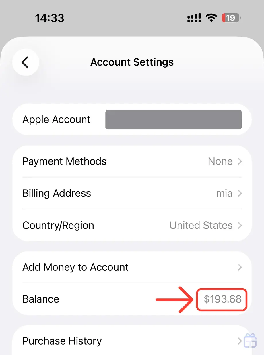 صفحه Account Settings روی آیفون و مبلغ درست موجودی اپل ایدی جلوی Balance