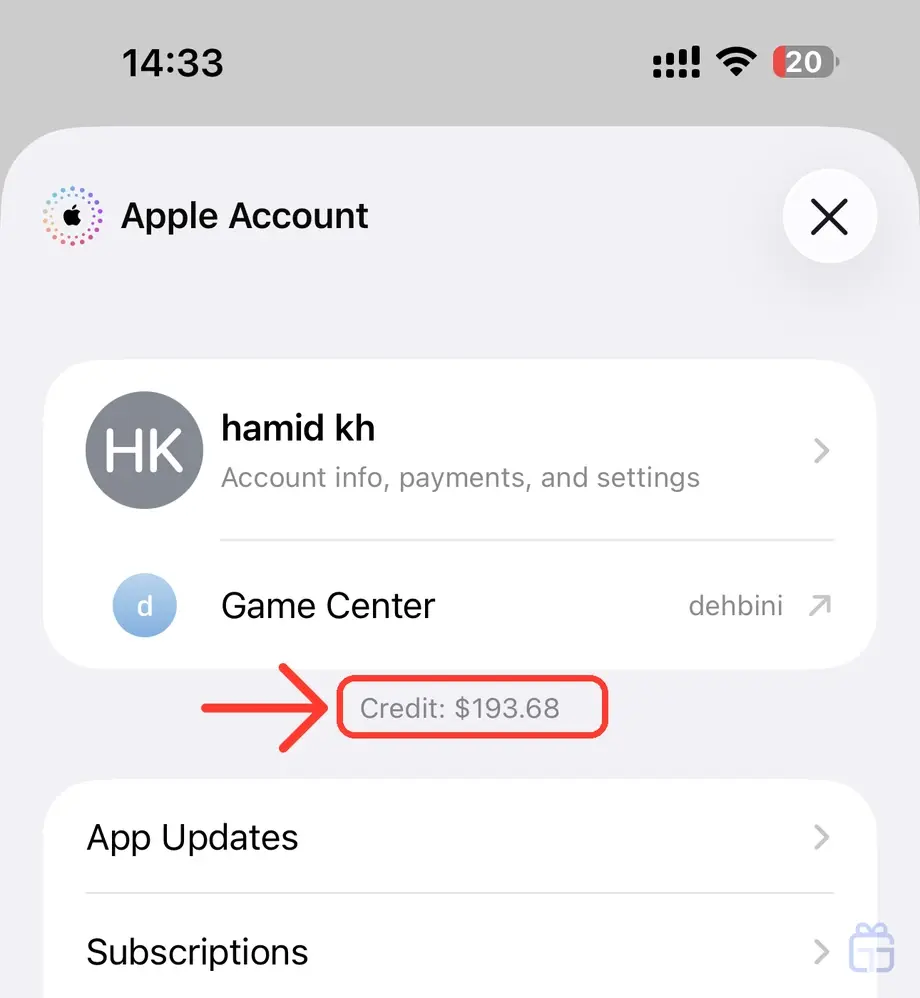 	صفحه پروفایل اپ استور روی آیفون و موجودی اپل ایدی جلوی Credit