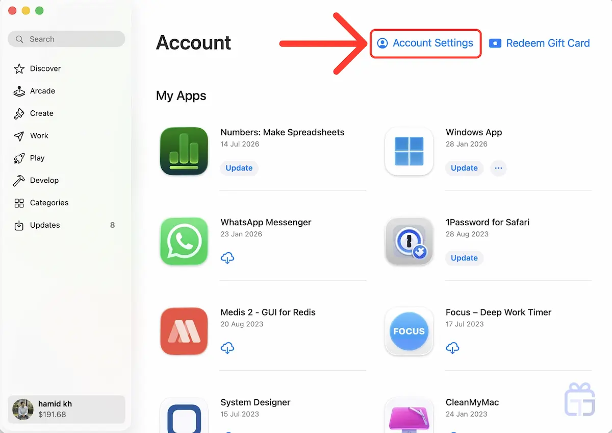 دکمه Account Settings در بالا سمت راست صفحه Account اپ استور روی مک