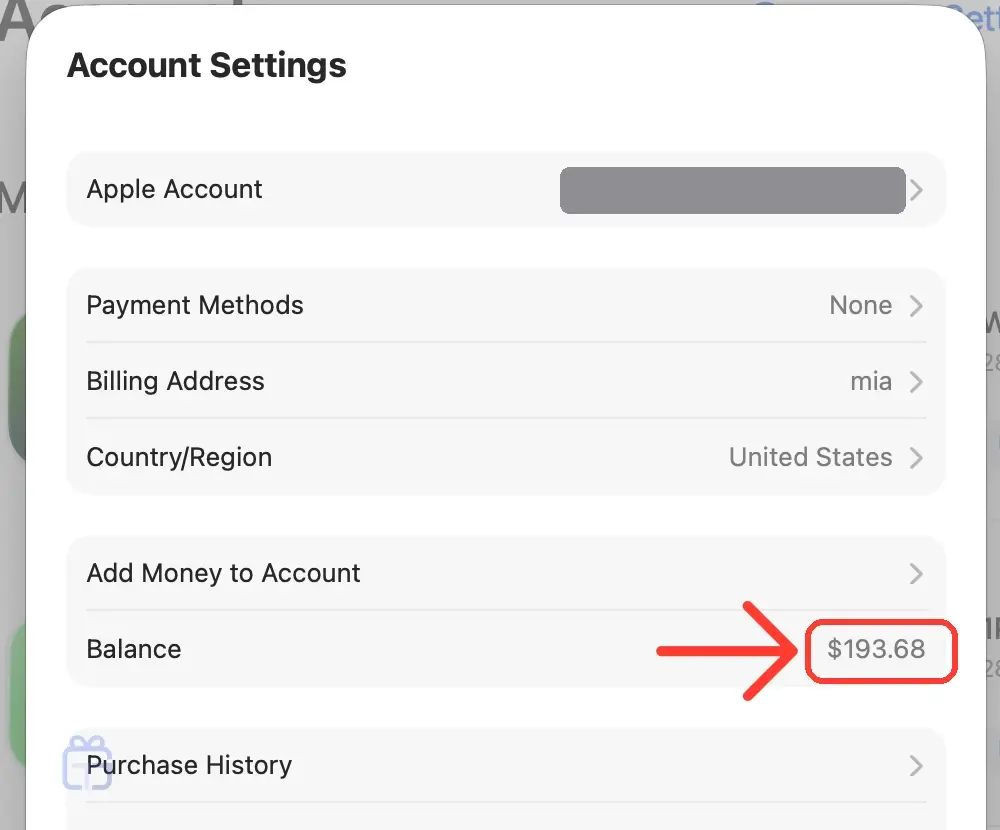 پنجره Account Settings روی مک و مبلغ درست موجودی حساب جلوی Balance