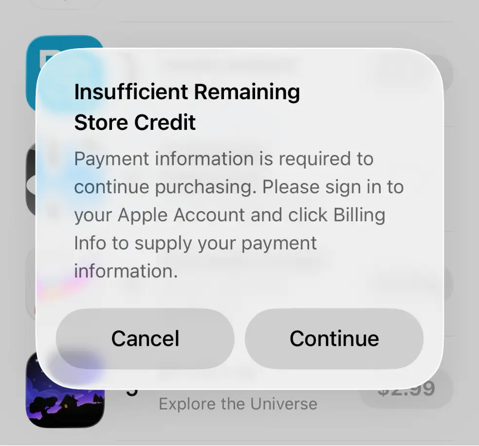 پیام خطای Insufficient Remaining Store Credit در اپ استور به دلیل کافی نبودن اعتبار گیفت کارت اپل