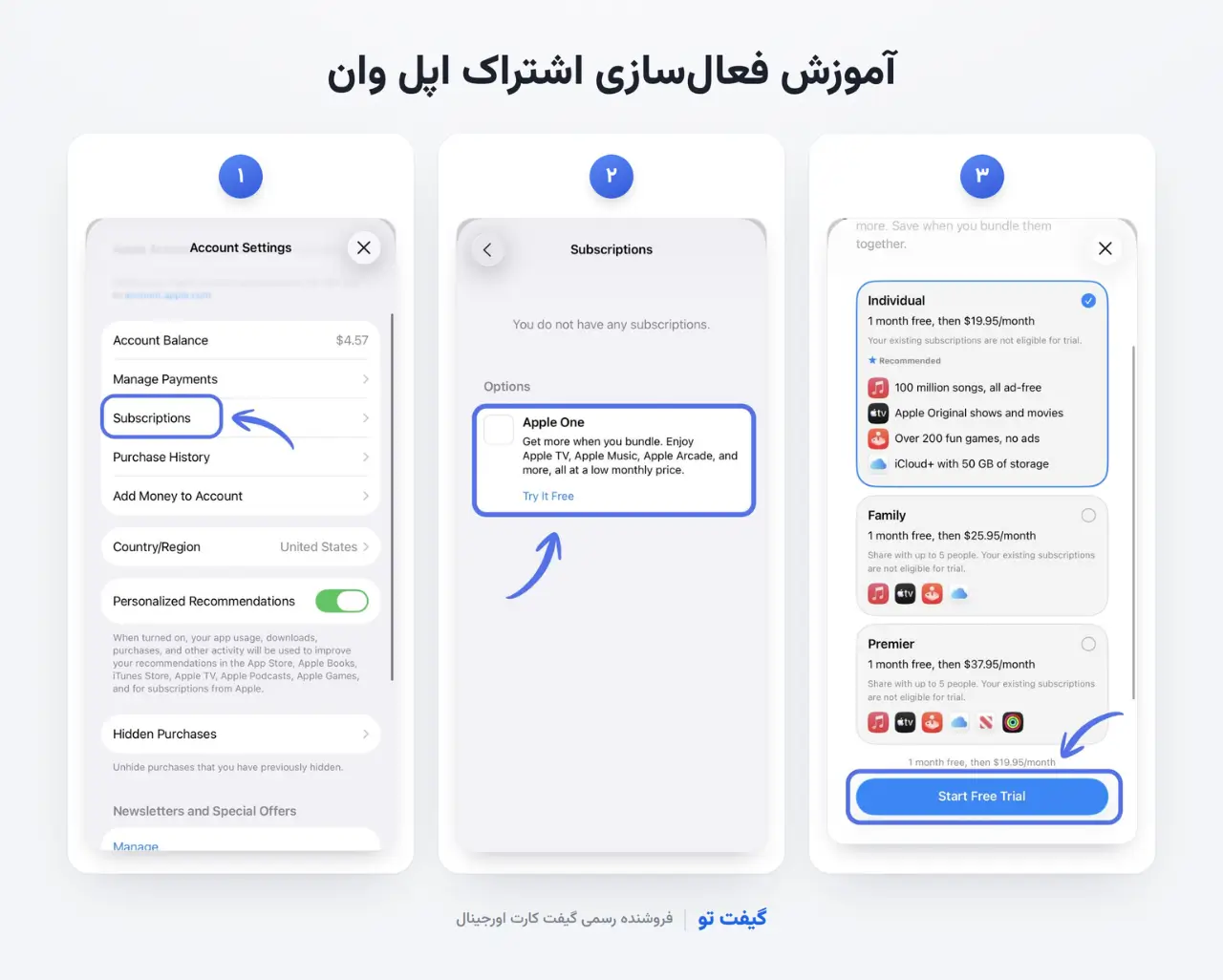 مرحله چهارم فعال‌سازی اپل وان: انتخاب پلن و زدن دکمه Subscribe برای فعال‌سازی با موجودی اپل آیدی