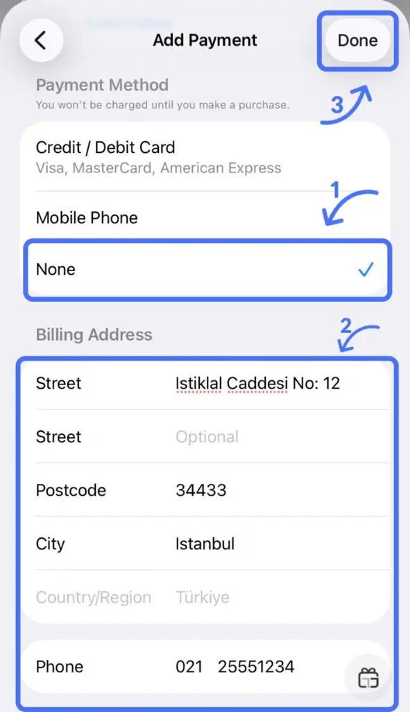انتخاب None برای روش پرداخت و وارد کردن آدرس