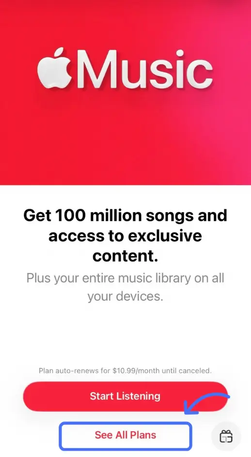دکمه See All Plans برای مشاهده پلن‌های اشتراک اپل موزیک