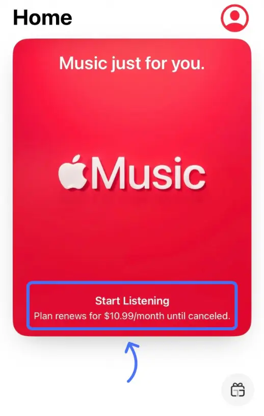 دکمه Start Listening در صفحه خوش‌آمدگویی اپل موزیک