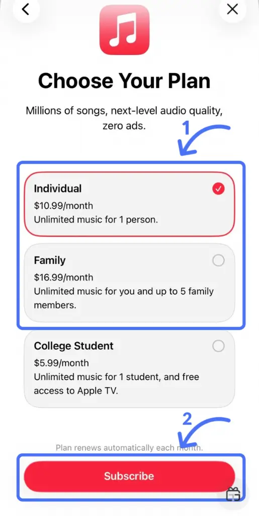 صفحه انتخاب پلن اشتراک اپل موزیک شامل Individual و Family