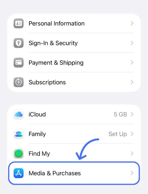 گزینه Media and Purchases در تنظیمات اپل آیدی