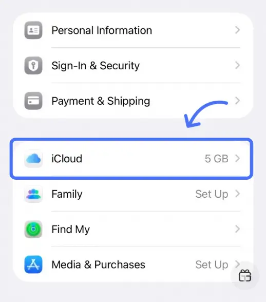 انتخاب گزینه iCloud در تنظیمات اپل آیدی