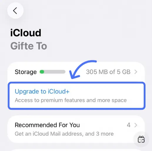 دکمه Upgrade to iCloud+ برای ارتقا فضای آیکلود