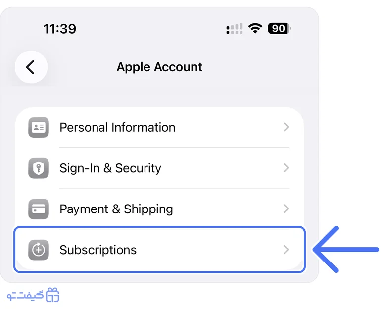 مسیر لغو اشتراک ایکلود: گزینه Subscriptions در صفحه Apple Account آیفون