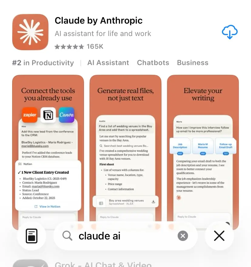 جستجوی اپلیکیشن Claude در اپ استور برای خرید اشتراک
