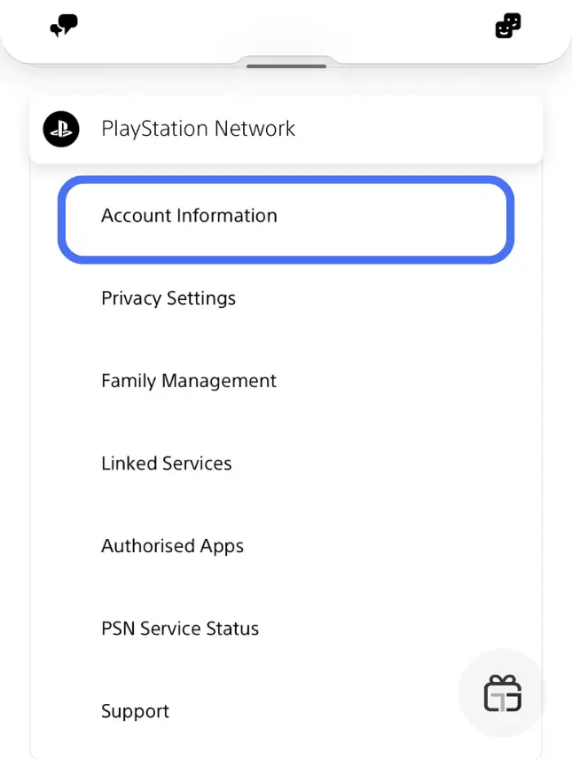 گزینه Account Information در تنظیمات اپ PlayStation