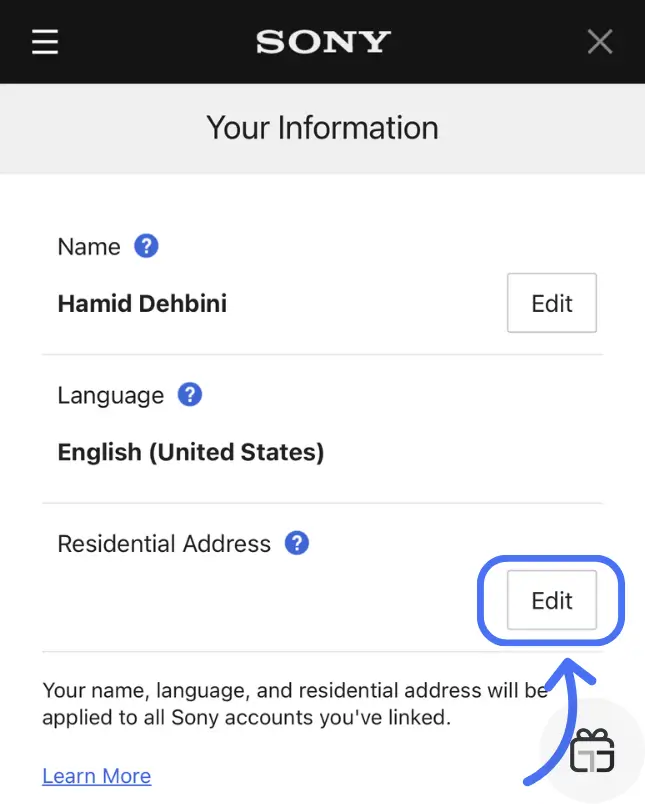دکمه Edit کنار Residential Address در اپ PlayStation