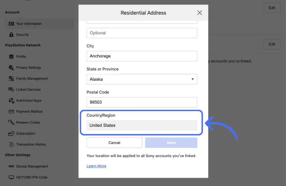 نمایش کشور اکانت در صفحه Residential Address