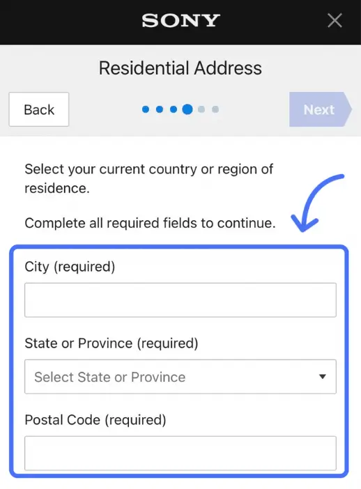 وارد کردن شهر، ایالت و کد پستی در ساخت اکانت PSN
