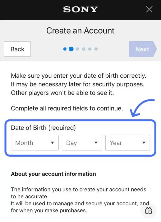 وارد کردن تاریخ تولد میلادی در فرم ساخت اکانت PSN