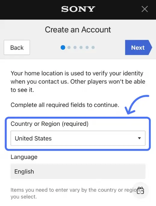 انتخاب کشور و ریجن برای ساخت اکانت پلی استیشن
