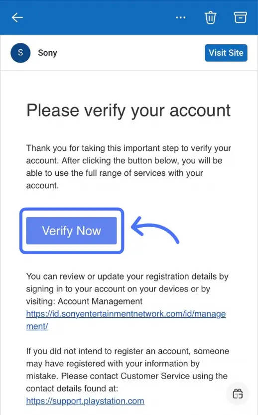 تایید ایمیل اکانت پلی استیشن با کلیک روی Verify Now