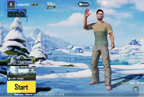 محل آیکون پروفایل در صفحه اصلی پابجی موبایل برای پیدا کردن شناسه بازیکن