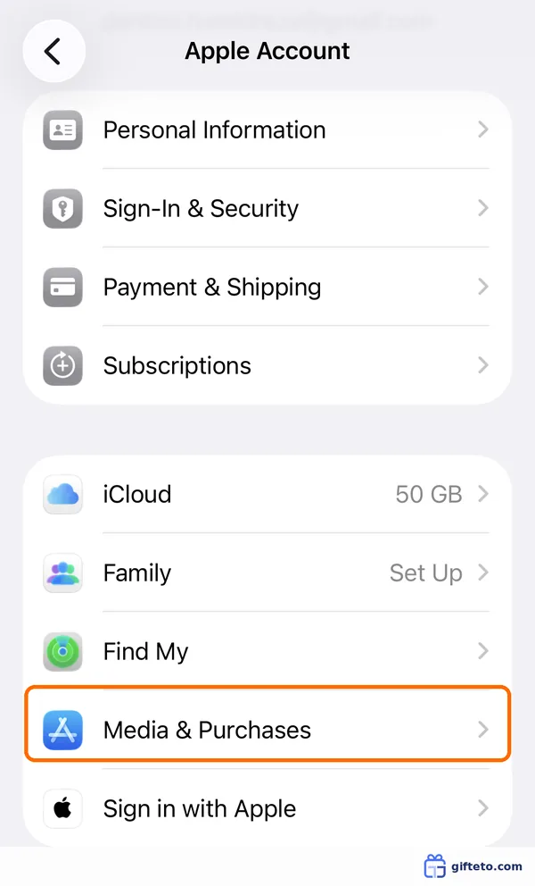 مسیر Settings به Apple Account و گزینه Media & Purchases برای خارج کردن اپل ایدی از اپ استور