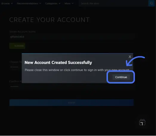 پیام موفقیت آمیز بودن ساخت اکانت استیم