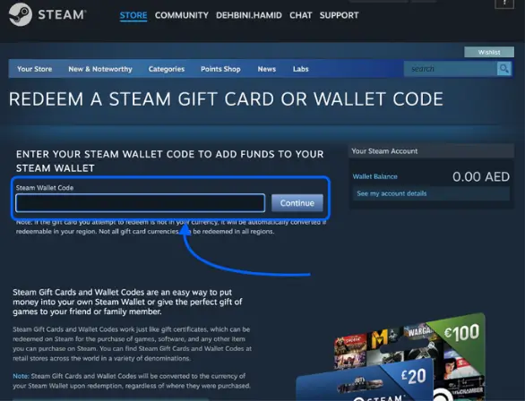 صفحه ردیم گیفت کارت استیم و وارد کردن کد