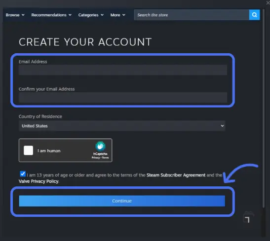 صفحه ثبت نام استیم برای وارد کردن ایمیل و انتخاب کشور