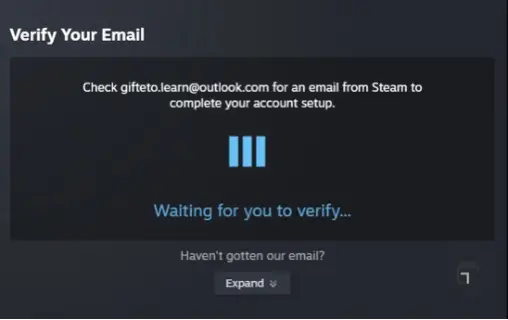 صفحه تایید ایمیل در ساخت اکانت استیم