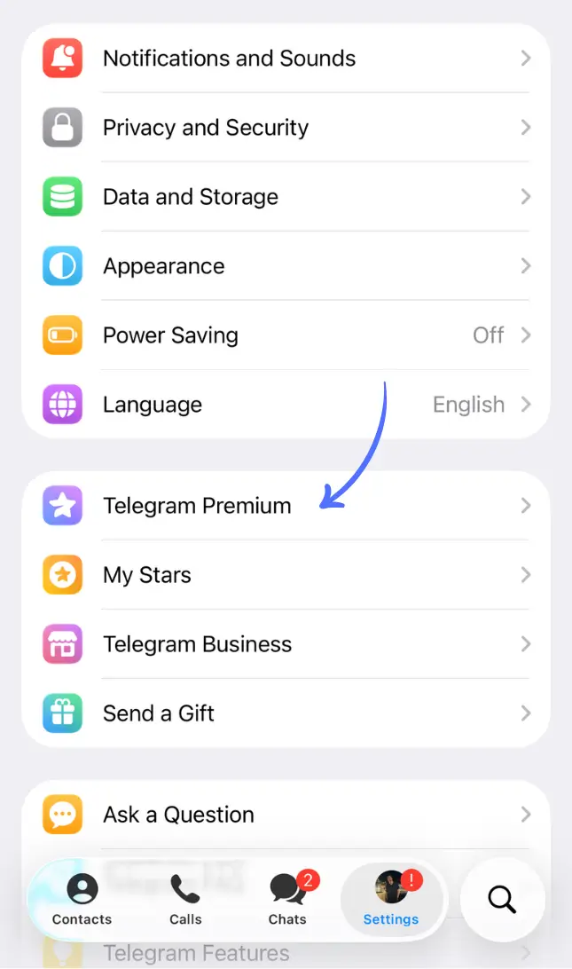 گزینه Telegram Premium در تنظیمات تلگرام در آیفون