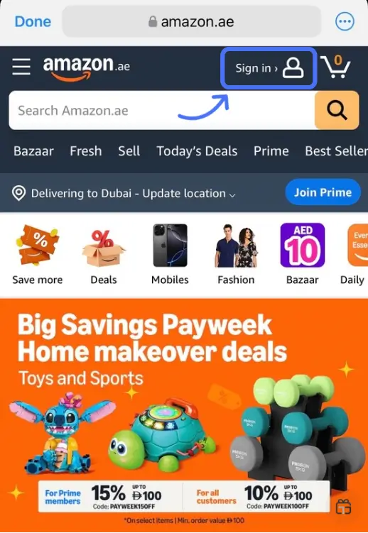 صفحه اصلی آمازون امارات و دکمه Sign in