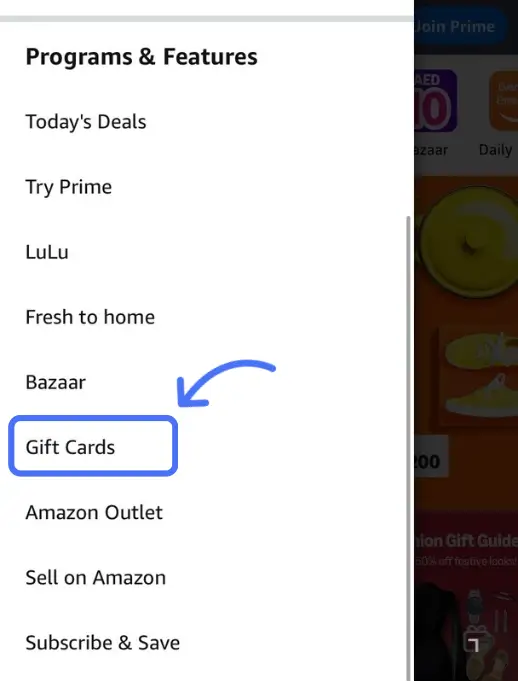 انتخاب گزینه Gift Cards از منوی آمازون