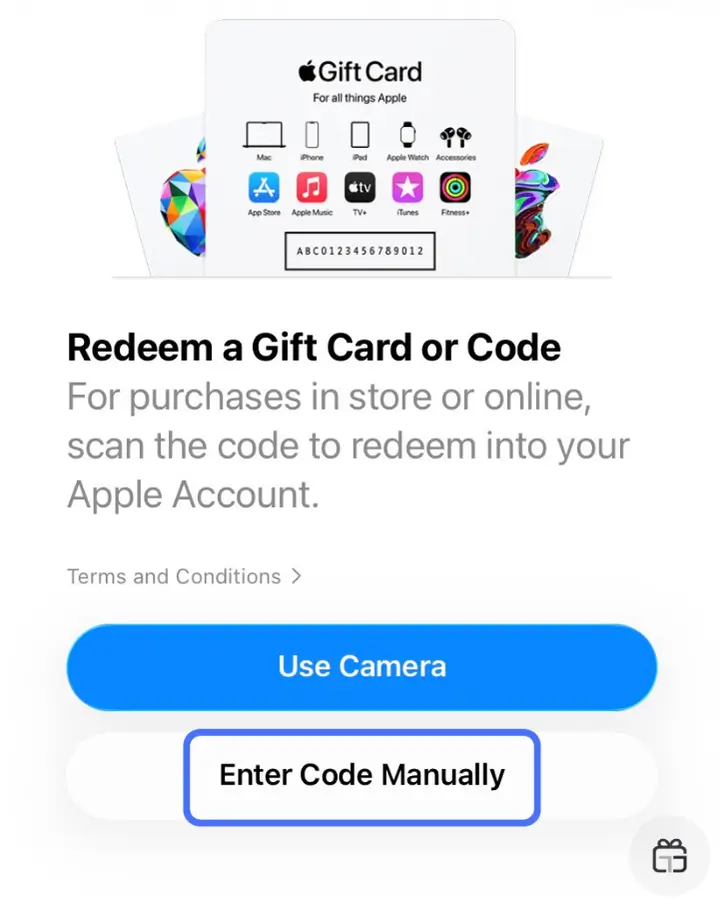 دکمه Enter Code Manually برای وارد کردن کد گیفت کارت اپل