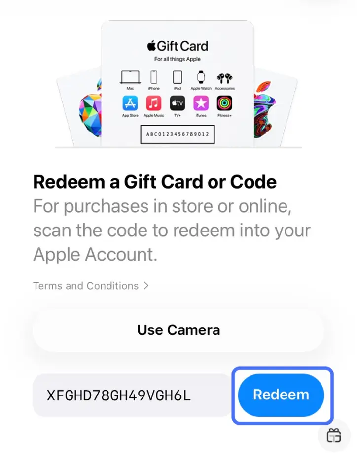 دکمه Redeem برای فعال کردن گیفت کارت اپل