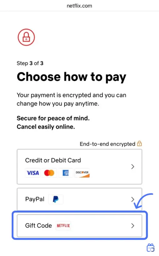 انتخاب گزینه گیفت کد در صفحه پرداخت نتفلیکس
