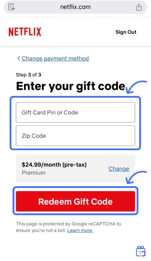 فرم وارد کردن کد گیفت کارت و زیپ کد نتفلیکس