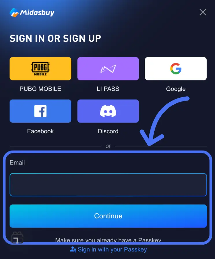 وارد کردن آدرس ایمیل در Midasbuy