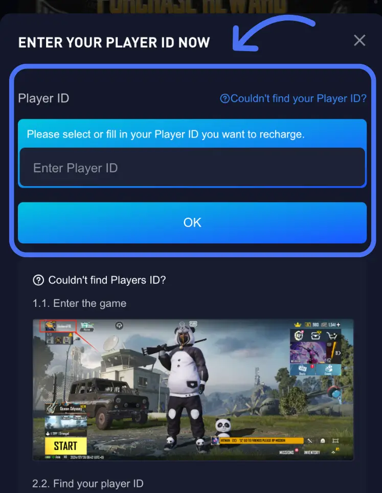 وارد کردن شناسه بازیکن پابجی موبایل در Midasbuy برای ریدیم گیفت کارت