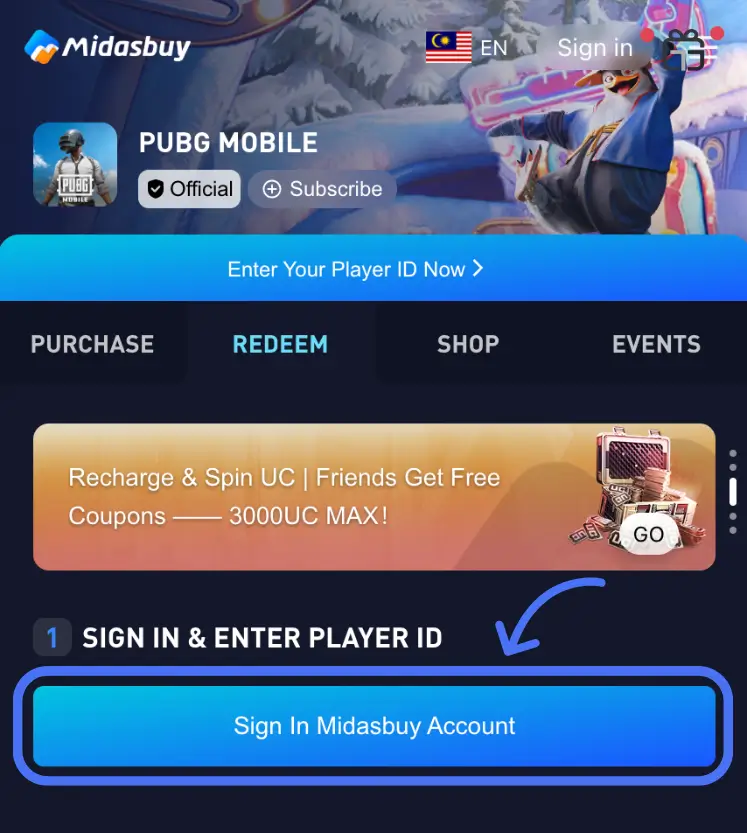 صفحه ریدیم Midasbuy و دکمه Sign In