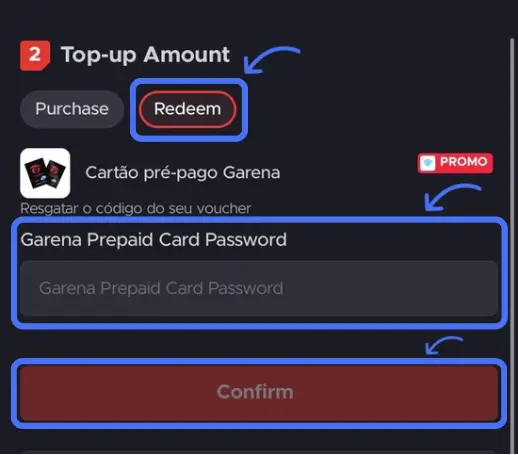 ردیم کد گیفت کارت فری فایر در فیلد Garena Prepaid Card Password و دکمه Confirm