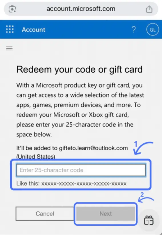 وارد کردن کد ۲۵ کاراکتری و کلیک روی Next